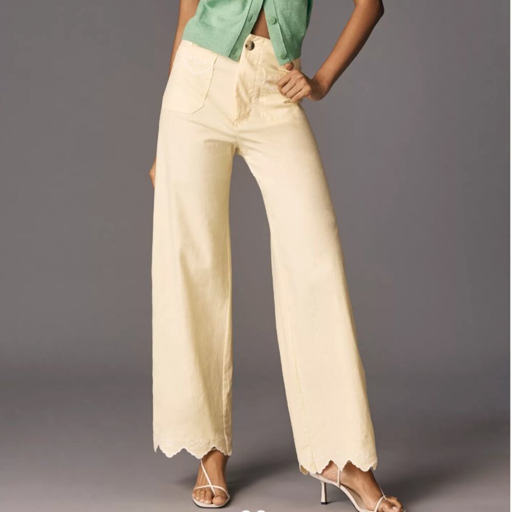 ANTHROPOLOGIE NWT Maeve Colette Pants 30 Tall Yellow Embroidered HEM/POCKETS